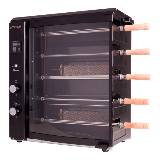 Titan Churrasqueira a Gás com 5 Espetos Rotativos Automáticos - Sem Fumaça, Ideal para Uso Interno - Série Premium
